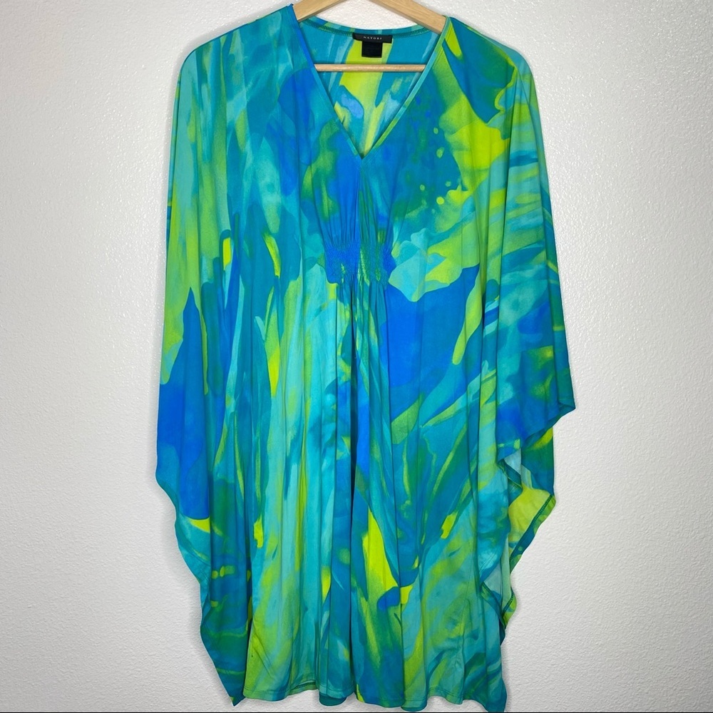 Natori Green Blue Brushstrokes Swim Oversized Caftan Cover Up Tunic Blouse XS
